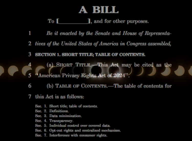 The first page of the American Privacy Rights Act (APRA) discussion draft overlaid on the phases of the lunar eclipse