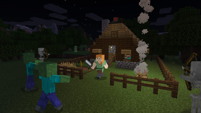 A player in Minecraft defends their cabin from zombies at night.