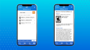 Screens depicting ESRB's rating search on the ESRB mobile app float on a blue background. On the left is an image of a search for BlastMan. On the right is the rating summary page for Blastman III: The Power Cell Returns. The right screen includes the fake game's rating category assignment, content descriptors, interactive elements, and Rating Summary as they would appear on ESRB's app.