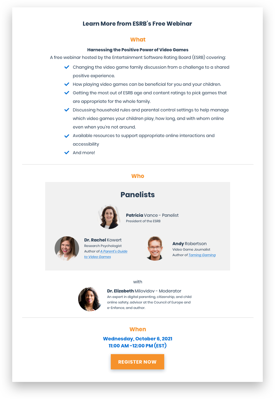 Creating a Positive Video Game Experience for the Whole Family. ESRB Free Webinar. Speakers.